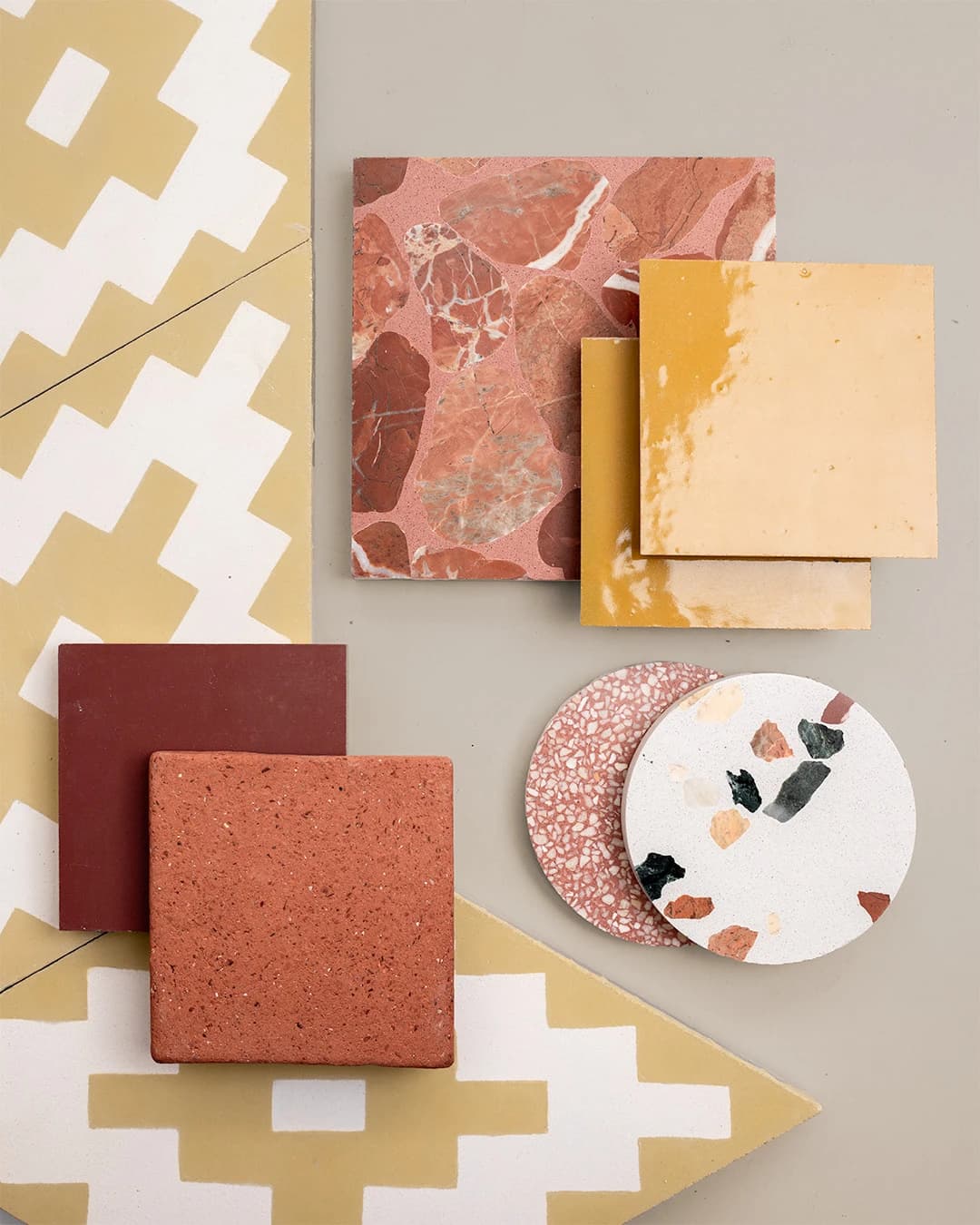 Moodboard: sunlit shades of red and yellow earth tones.